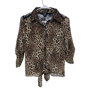 Wet Seal Chiffon Top Women's Size S Leopard Print Sheer Lace Tie Front Vintage